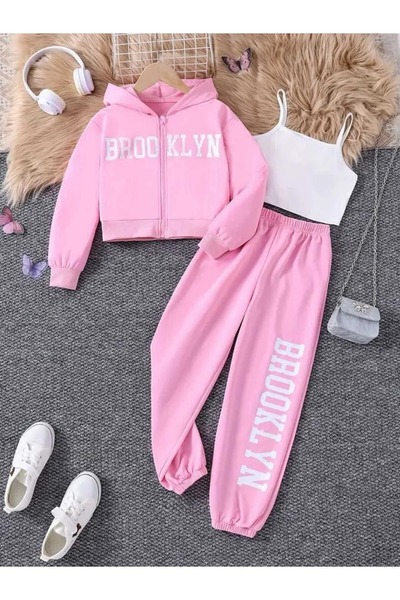 buendiakids Kız Çocuk Pembe Brooklyn Baskılı Fermuarlı Crop Kapşonlu-T-Shirt-...