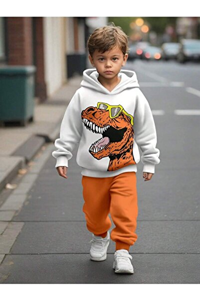 buendiakids Unisex Kids White-Orange Dinosaur Printed Hooded Sweatshirt-Sweat...