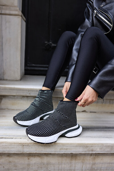 ANGELİNA JONES Dejaa Women's Black and White Leather Sports Boots