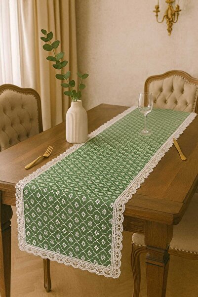 Rona Home Green Lace Edged Table Runner – Luxurious Patterned Living Room and Kitchen Tablecloth