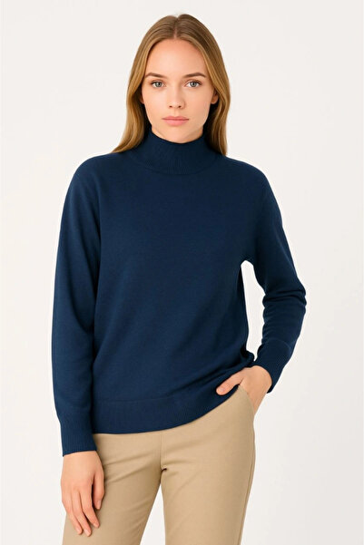 Zerenyus Half-Throat Knitwear Sweater Soft Textured Cotton Fine Weaving, Long Sleeves Comfortable Regular Fit - Navy Blue