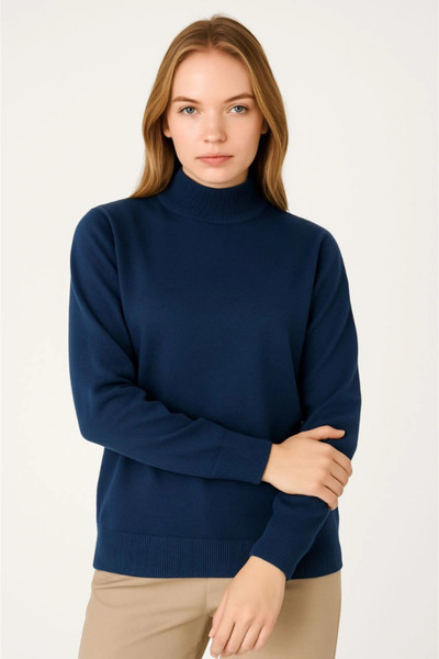 Zerenyus Half-Throat Knitwear Sweater Soft Textured Cotton Fine Weaving, Long Sleeves Comfortable Regular Fit - Navy Blue