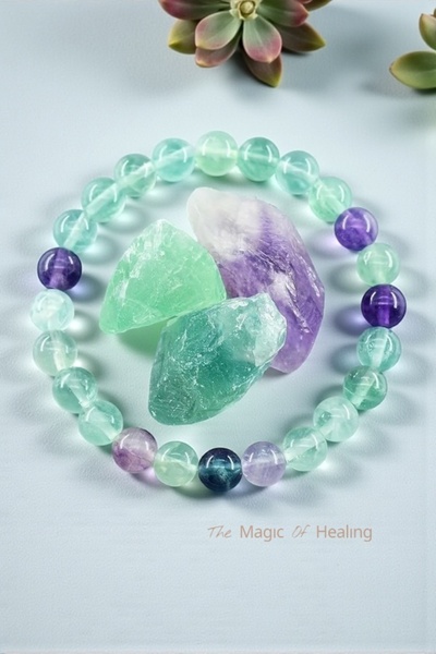 The Magıc of Healıng سوار من حجر الفلوريت الطبيعي، حجر خام مع هدية