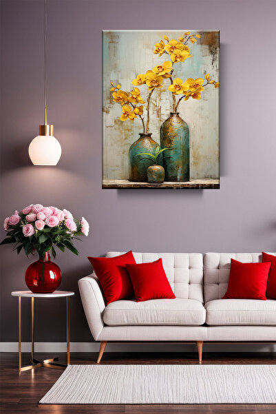 Lona Sanat Eskitme Vazoda Sarı Orikdeler Modern Kanvas Tablo Salon Oturma Yat...