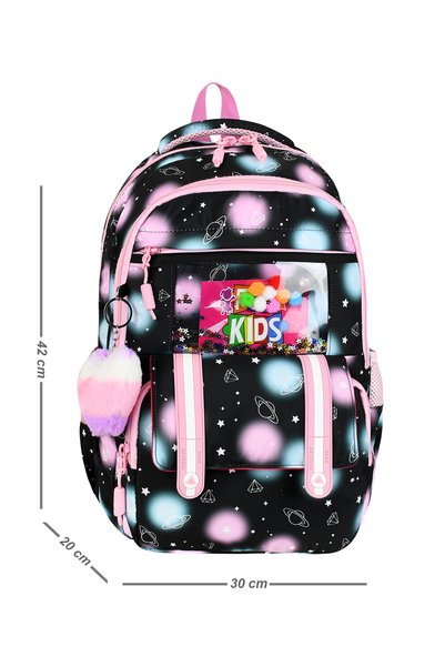QİELL Quality Primary School 3-Piece Backpack Set Heart-Shaped Space-Themed with Thermal Lunch Box and Pencil Case