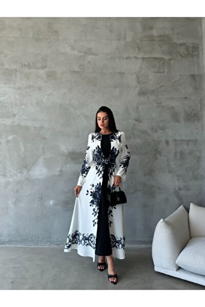 WellWay Rochie neagră cu model floral din țesătură Atlas cu guler rotund deta...