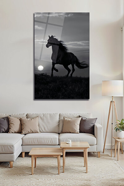 B&G DESIGN Siluetă de cal în galop, peisaj cu lună plină, pictură decorativă ...