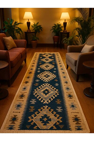 OEM Traditional rug, size 80 x 300 cm, Blue and cream, ROMB pattern