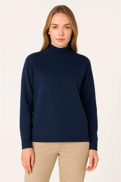 Zerenyus Half-Throat Knitwear Sweater Soft Textured Cotton Fine Weaving, Long Sleeves Comfortable Regular Fit - Navy Blue
