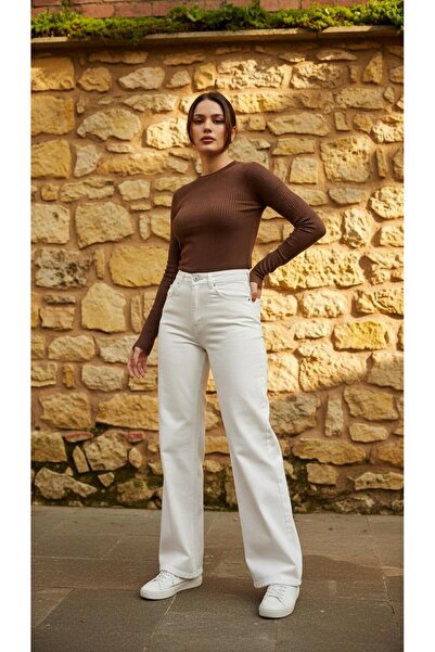 geenz manifacture Γυναικείο τζιν με ψηλόμεσο κορδόνι Dream Cream Φαρδύ τζιν παντελόνι Palazzo