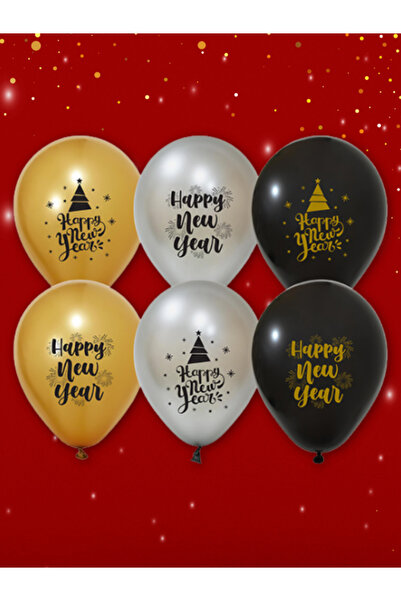 BalonEvi Happy New Year Christmas Metallic 12-Inch Balloon 6 Pieces Assorted Colors)