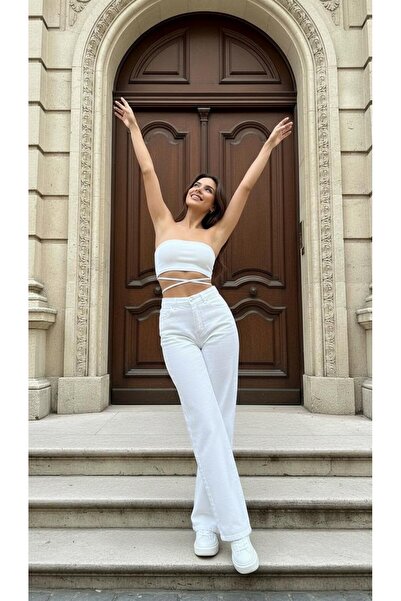 geenz manifacture Γυναικείο τζιν με ψηλόμεσο κορδόνι, φαρδύ τζιν παντελόνι Palazzo