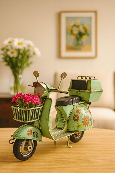 Genel Markalar Dekoratif Yeşil Metal Scooter Sepetli