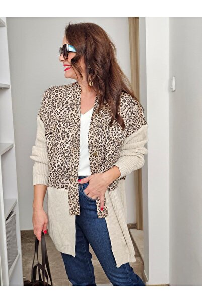 Felix Butik FELİX14286 Leopar Kanvas Kumaş Detaylı Önden Cepli Taş Rengi Trik...