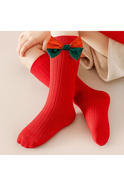 BEBEĞİME ÇORAP Бебешко момиче / Момиче Коледа Нова година Червени чорапи до коляното с панделка