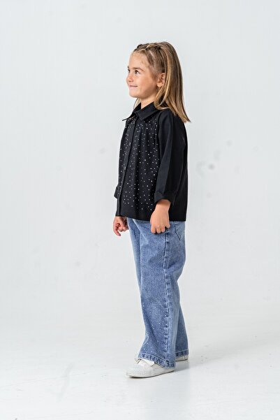 CLOUDY WEAR&DESİGN Girl's Stone Detailed Shirt and Wide Leg Jeans Two-Piece Set