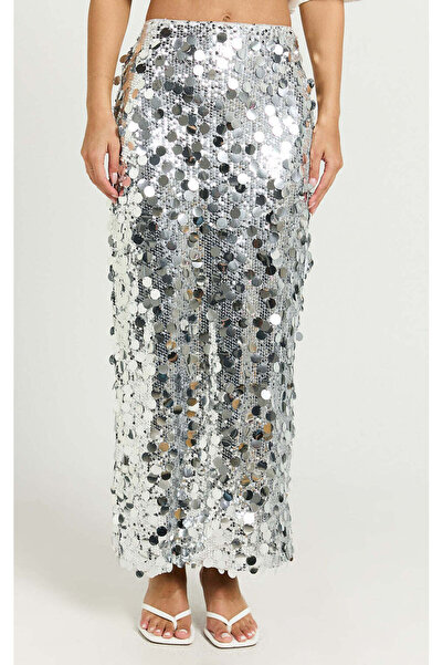 AFR CLOTHES Women's Silver Sequin Lined Maxi Skirt