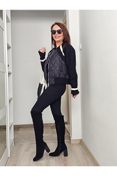 Felix Butik FELİX14244 Krem Şeritli Kumaş Detaylı İthal Siyah Kapitone Bomber...