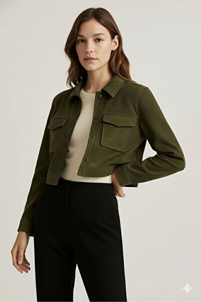 Mazelf Baby&Kids Wear kadın crop fit gömlek yaka torba cepli süet mont bej haki antrasit