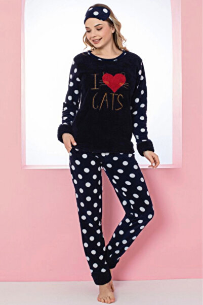 embody Lady's cocolino pyjamas, fluffy and warm, print love cats, navy blue 7215