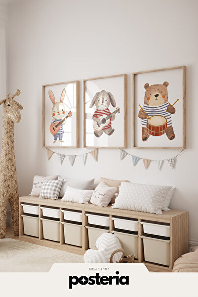 Posteria 3'lü Sevimli Canlılar Çalgıcı Üçlü Canlılar Seti, Çocuk Odası Tablos...