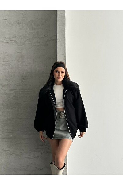 Lovely butik Jachetă bomber TREND cu guler de blană / Palton gros de iarnă cu...