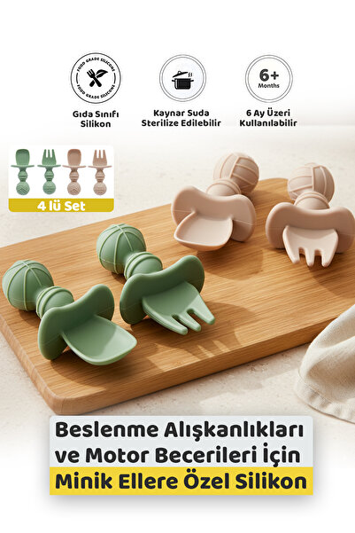 Guqqo Silikon Bebek Kaşık Çatal Seti 4’lü, BLW, Gıda Sınıfı Silikon, Krem Yeşil