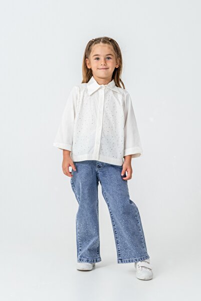 CLOUDY WEAR&DESİGN Girl's Stone Detailed Shirt and Wide Leg Jeans Two-Piece Set