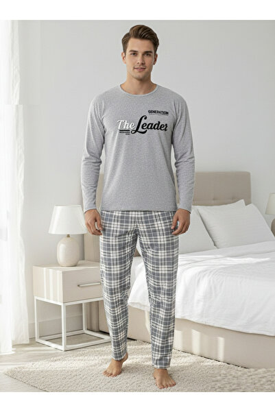 embody Men's long cotton wadded cotton pyjamas, grey The Leader 16403