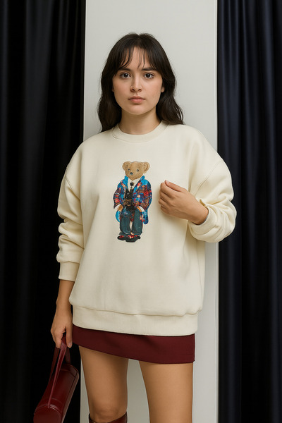 Butik Kadın Bordo Yumuşak Dokulu Teddy Ayıcık Baskılı 3 İplik Şardonlu Oversi...