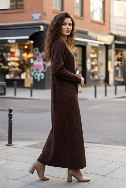 Mossta Καφέ Μίνιμαλ Σχέδιο Μακρύ Πλεκτό Φόρεμα