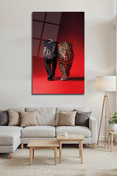 B&G DESIGN Siyah Panter Leopar Kırmızı Fon Güç Temalı Dekoratif Cam Tablo