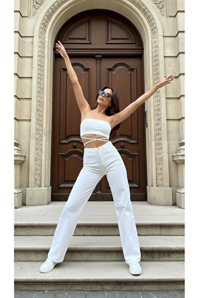 geenz manifacture Γυναικείο τζιν με ψηλόμεσο κορδόνι, φαρδύ τζιν παντελόνι Palazzo