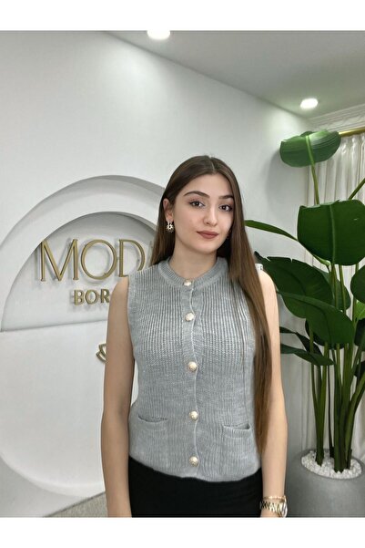 MODA BORSASI Γυναικείο πλεκτό γιλέκο με γκρι χρυσά κουμπιά και τσέπες