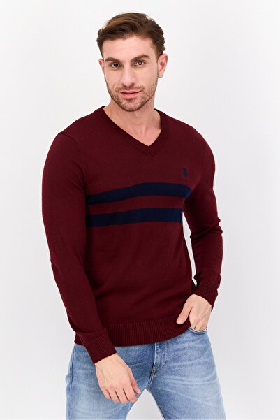 U.S. Polo Assn. Men V-Neck Embroidered Logo Long Sleeves Sweater, Maroon