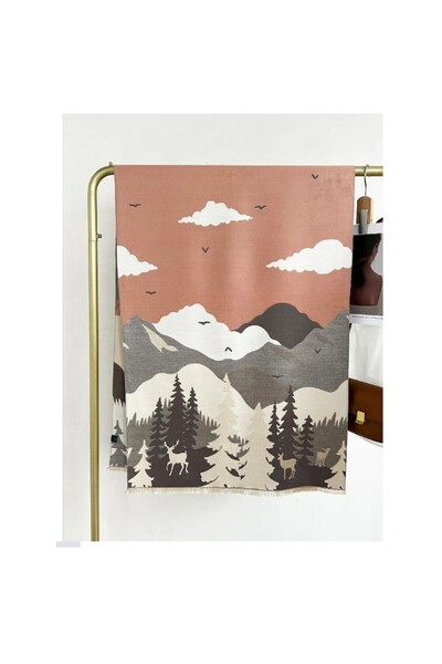 The Casius. Long shawl-style women's scarf, premium materials, mountain landscape pattern, multicolor