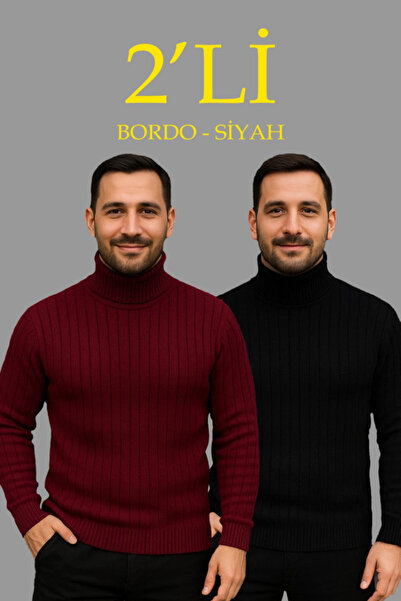 Zerenyus Men's Corded Fabric Knitwear Sweater Set of 2 Burgundy Black Regular Turtleneck Full-Throated Knitwear Set Model Kaz