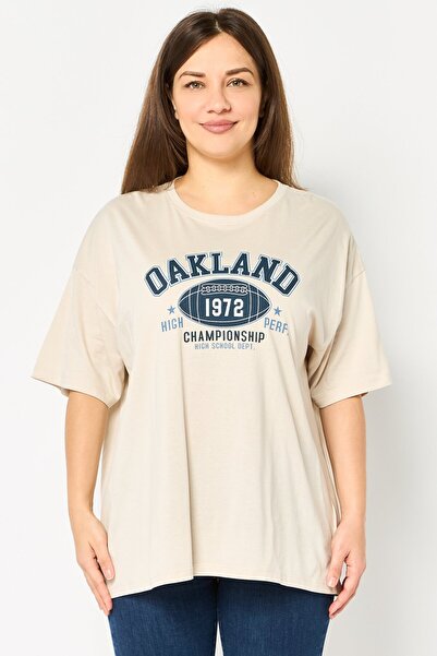 Brave Soul Women Crew Neck Short Sleeve Graphic Print T-Shirt, Beige