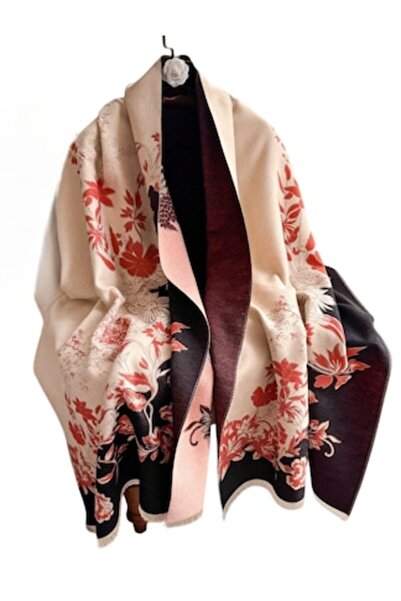 The Casius. The Casius Women's Shawl Scarf, Maple Red Leaves Pattern, Beige/Red/Black, 185x65 cm