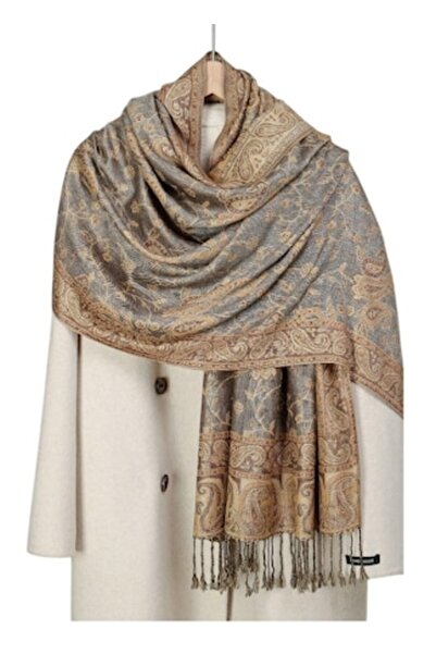 The Casius. Thin women's shawl in premium materials with fringe border, camel beige - The Casius