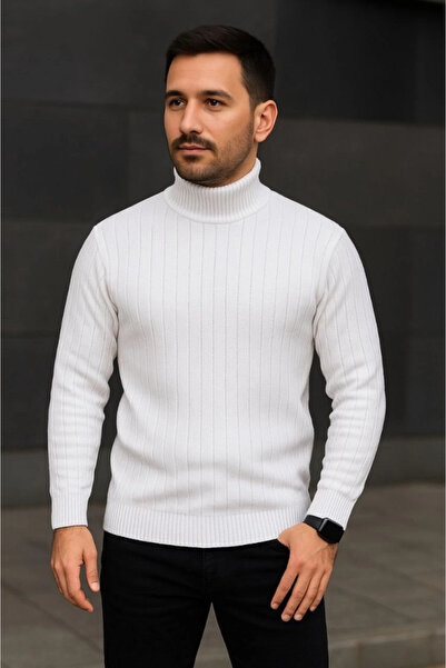Zerenyus Men's Corded Fabric Knitwear Sweater Set of 2 White Black Regular Turtleneck Full Throated Knitwear Set Model Kaz