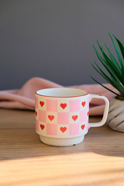 tabakevi Tabak Evi Porcelain Pink Checkered Heart Stacked Mug with Red Net 250Cc