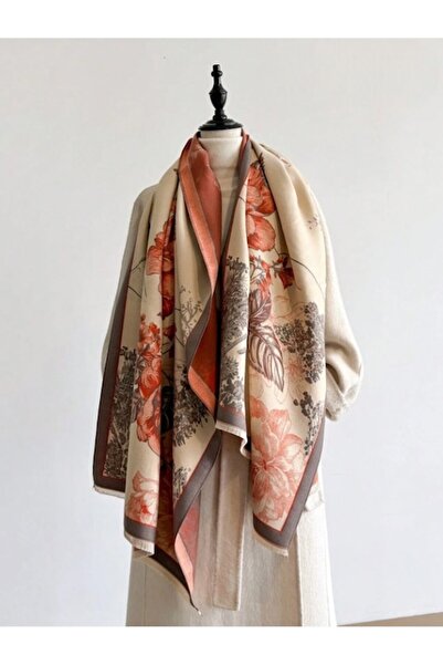 The Casius. Women's long shawl scarf in premium materials, large orange floral print, beige-cream