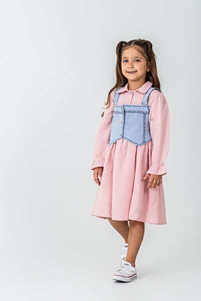 CLOUDY WEAR&DESİGN Kız Çocuk Jean Detaylı Günlük Elbise (2-9 Yaş)
