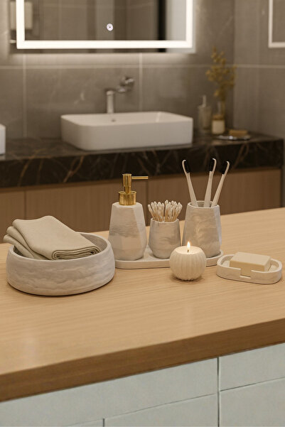 Elizovi Mermer Dokulu 7 Parça Lüks Banyo Seti | Sıvı Sabunluk, Fırçalık, Havluluk, Tepsi, Mumluk