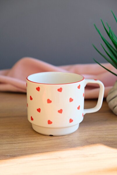 tabakevi Tabak Evi Porcelain Heart Patterned Stacked Mug Red Mesh 250Cc