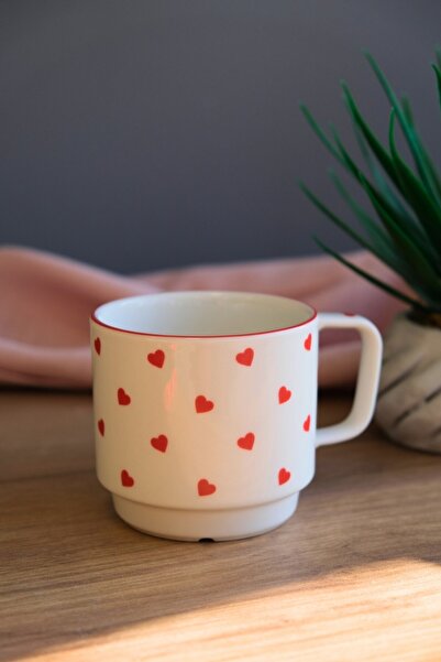 tabakevi Tabak Evi Porcelain Heart Patterned Stacked Mug Red Mesh 250Cc