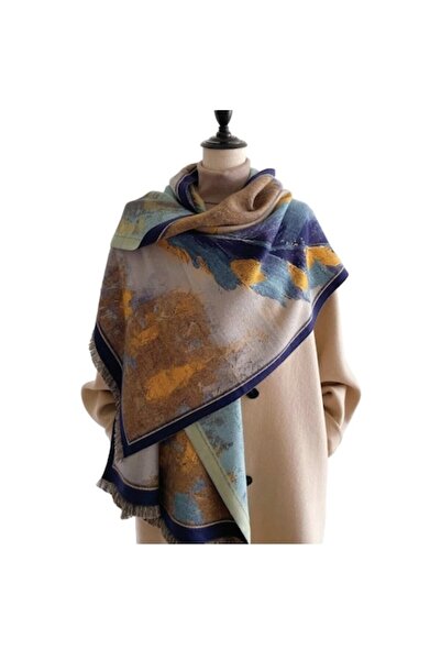 The Casius. Eșarfă lungă de damă, stil șal, materiale premium, model abstract „Feather”, albastru și bej, The C