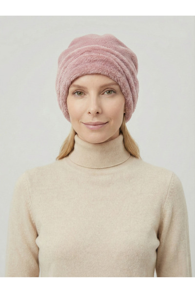 The Mrk Collection قبعة نسائية وردية اللون ذات مظهر فروي وطوق للرقبة