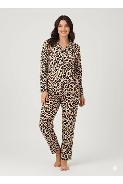 BOYRAZ leoparlı pijama LEOPARLI süet düğmeli şık rahat 02273